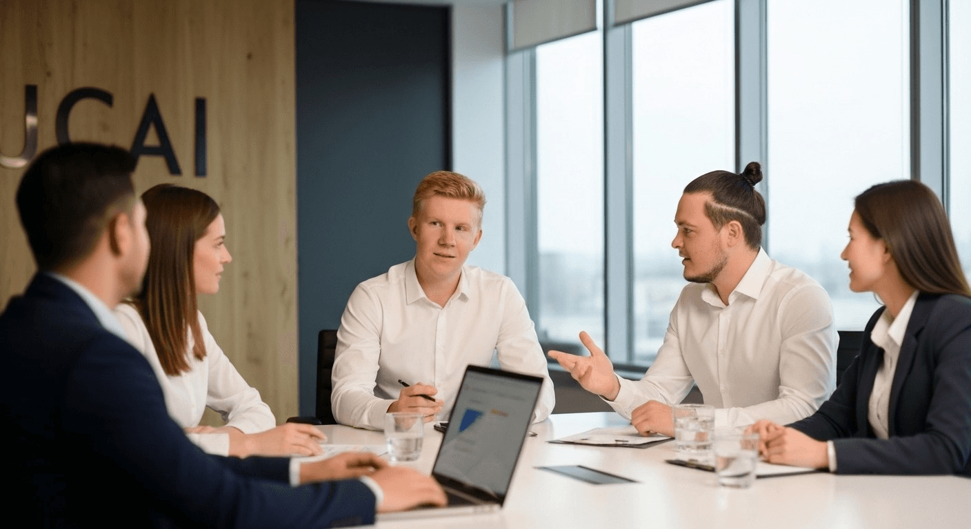 Diverse team collaborating around a holographic data interface