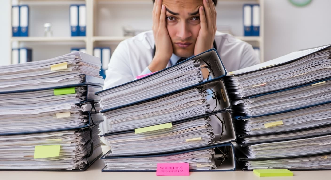 A stressed medical practitioner overwhelmed by paperwork